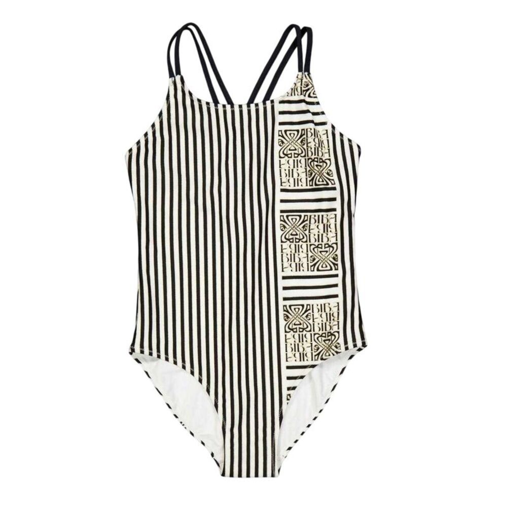 Biba Girls Stripe Cross Back One Piece Bathing Suit / White/Black
